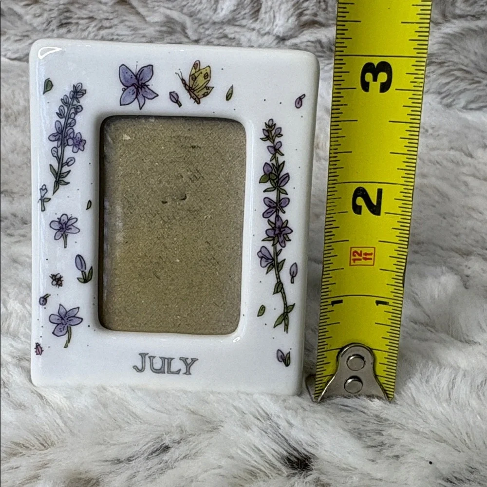 July Ceramic Precious Moments Angel Figurine & July Small Floral Frame. Vintage